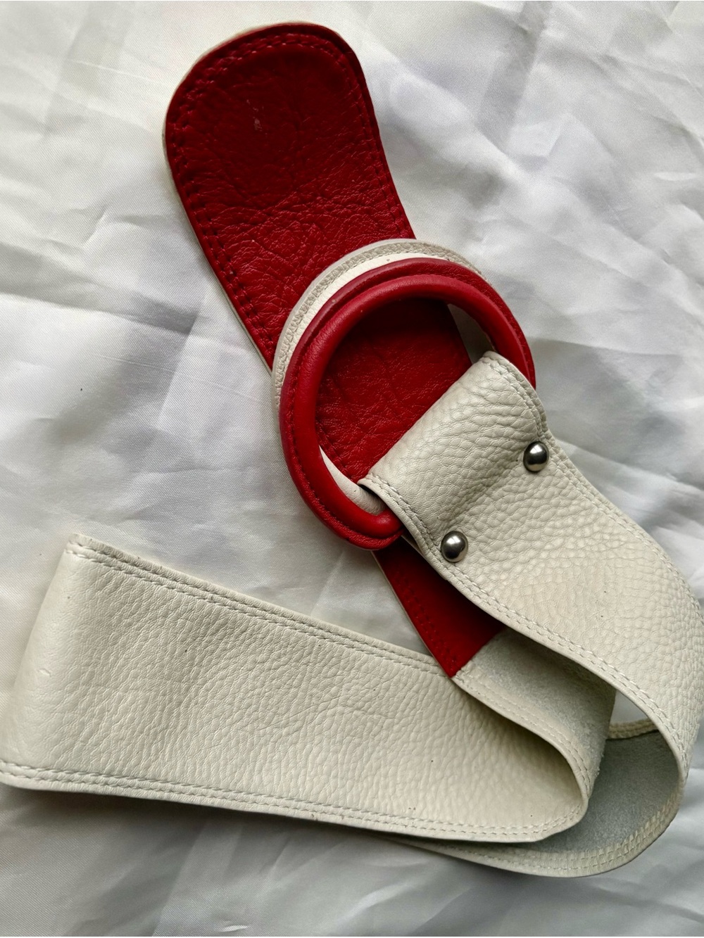 Fossil Red and White Leather Waist Belt with Round Buckle